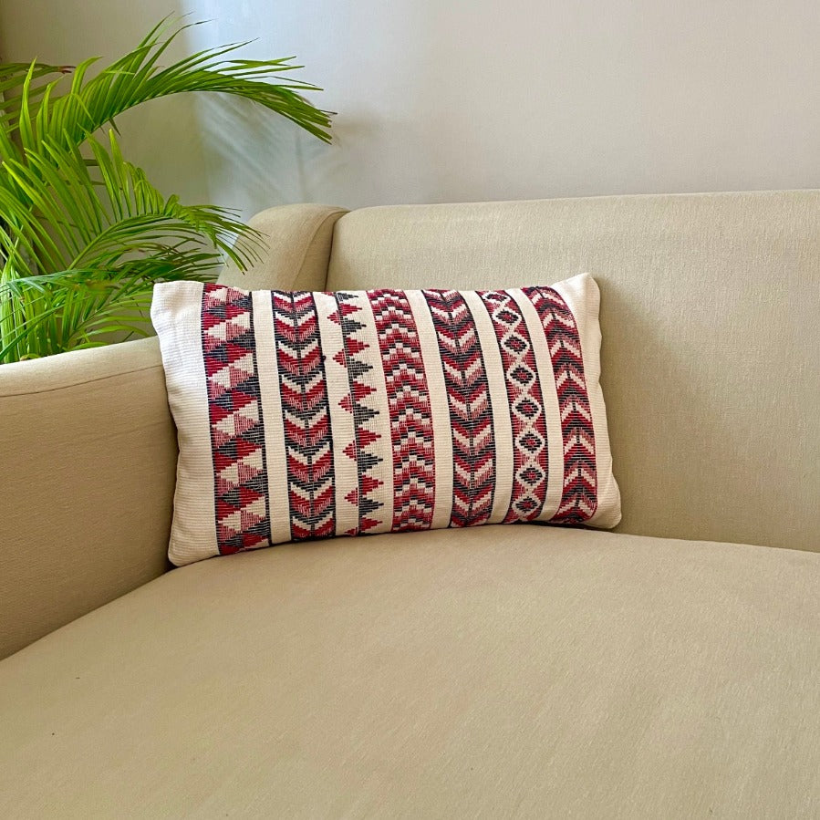 Scarlet Red and White Cotton Jacquard Cushion Cover Tangerine Casa